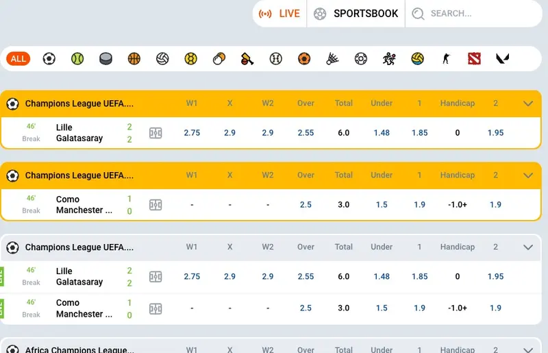 Mostbet canlı bahis ekranı: Şampiyonlar Ligi maçları